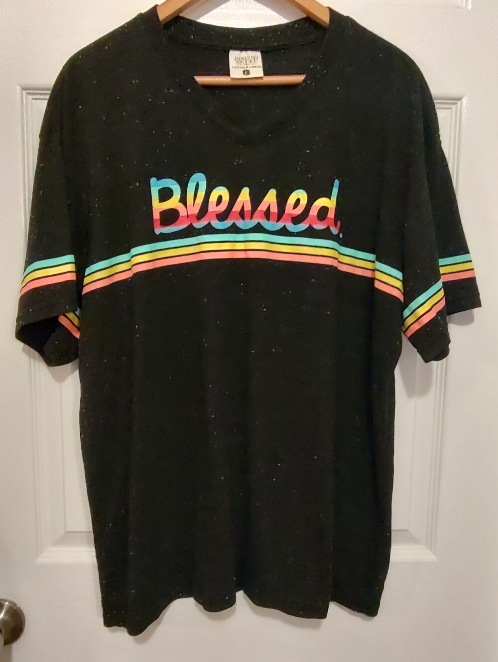Jadelynn Brooke Black Tee with Multicolor Rainbow Script